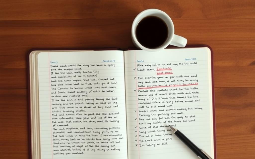 Notebook with grammar notes and a coffee cup