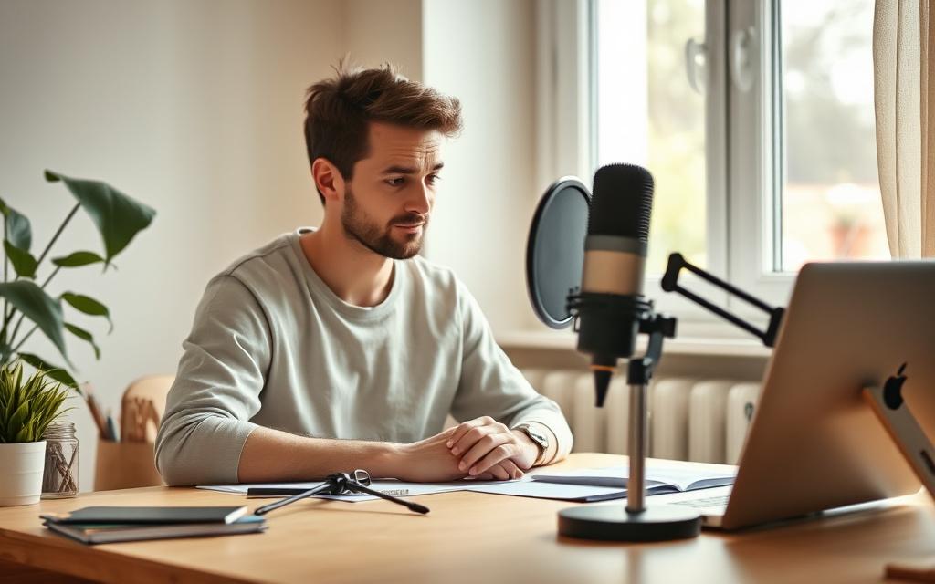 Learner practising pronunciation in front of a microphone