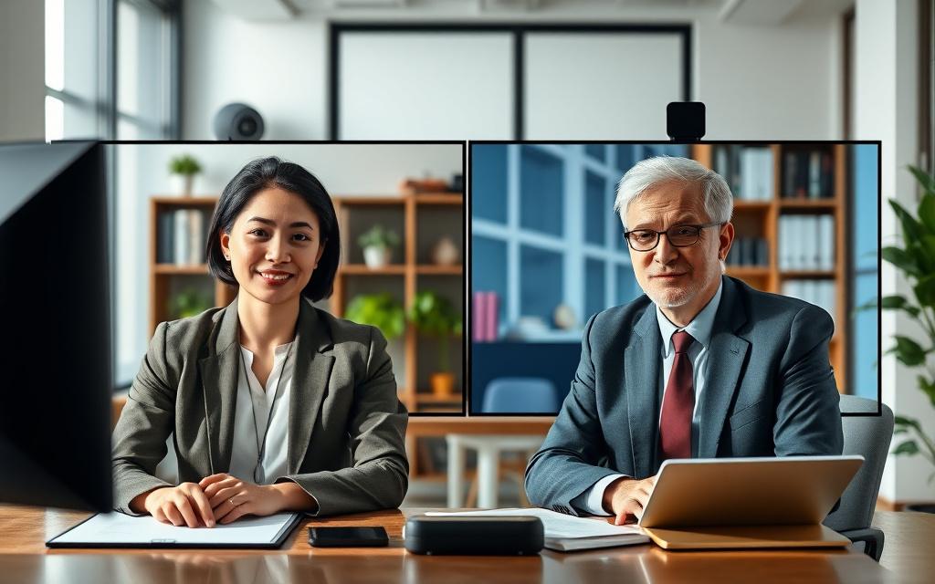 Two professionals practising business English in a role-play exercise