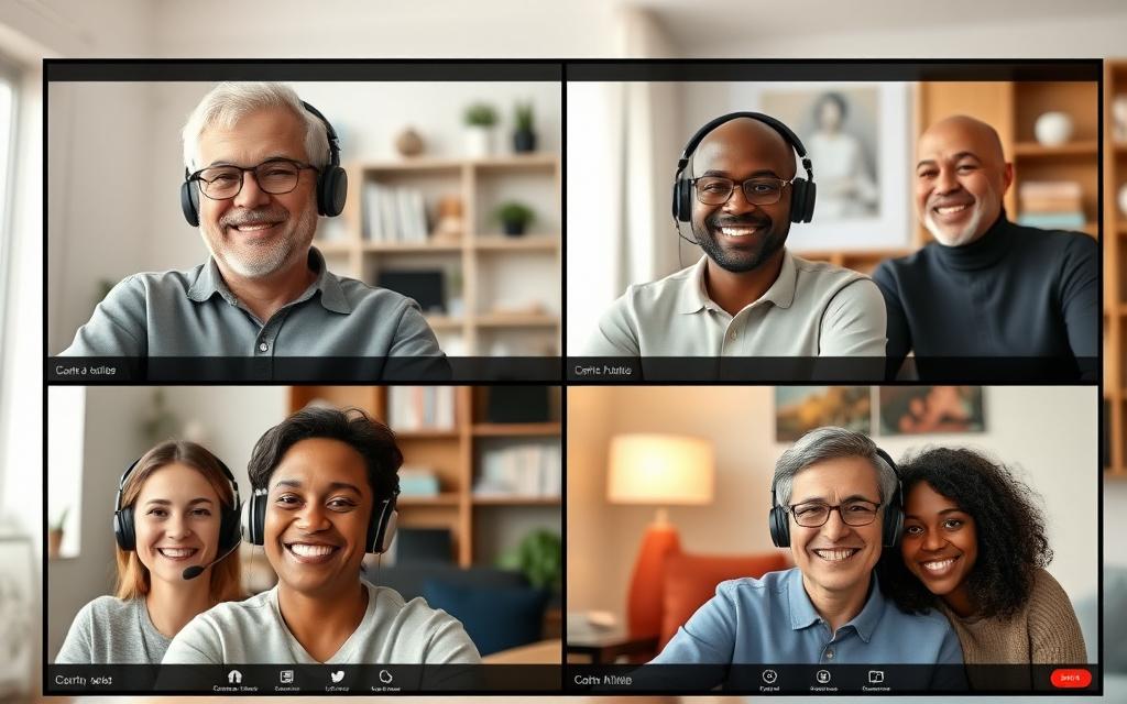 Small group of adult learners in an online conversation class