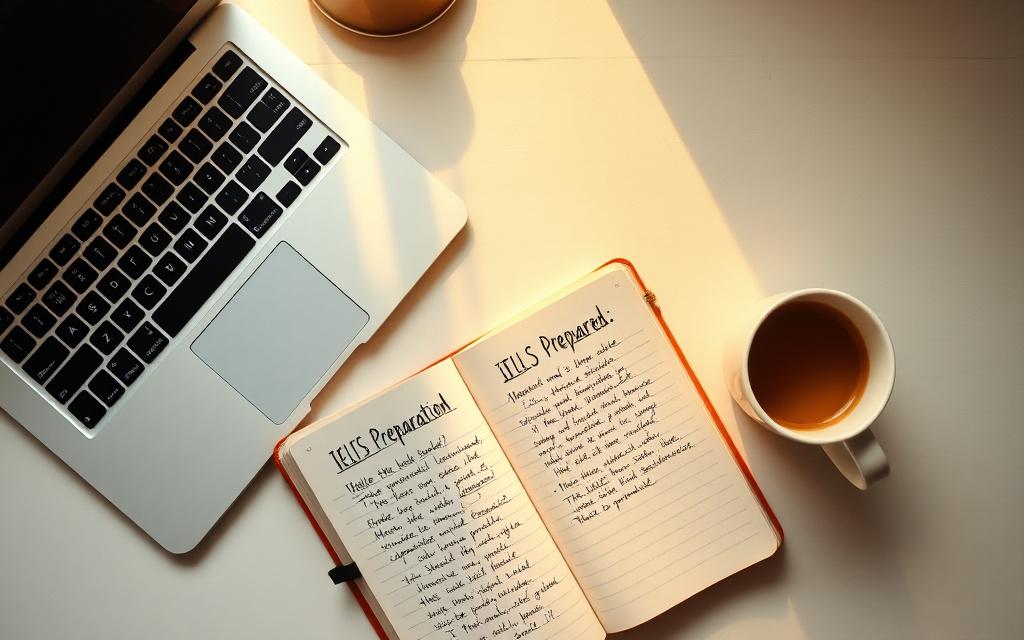 Student practising IELTS materials at a tidy desk