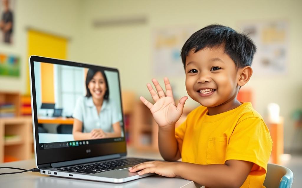 Smiling child learning English with a tutor on a tablet